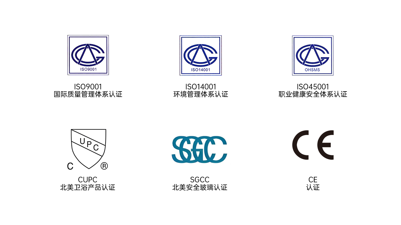 Rosery certified bathroom manufacturer with ISO9001 ISO14001 ISO45001 CUPC SGCC CE quality assurance system for shower enclosure and bathroom products