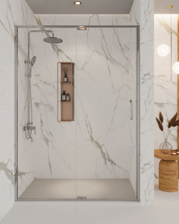 Rosery AY8-P721 8mm glass pivot shower door with aluminum frame and 90-degree positioning pivot design