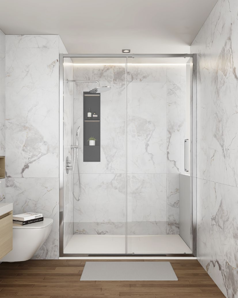 Rosery EI-S721 10mm glass sliding shower door with aluminium frame, roller system and reversible left or right installation