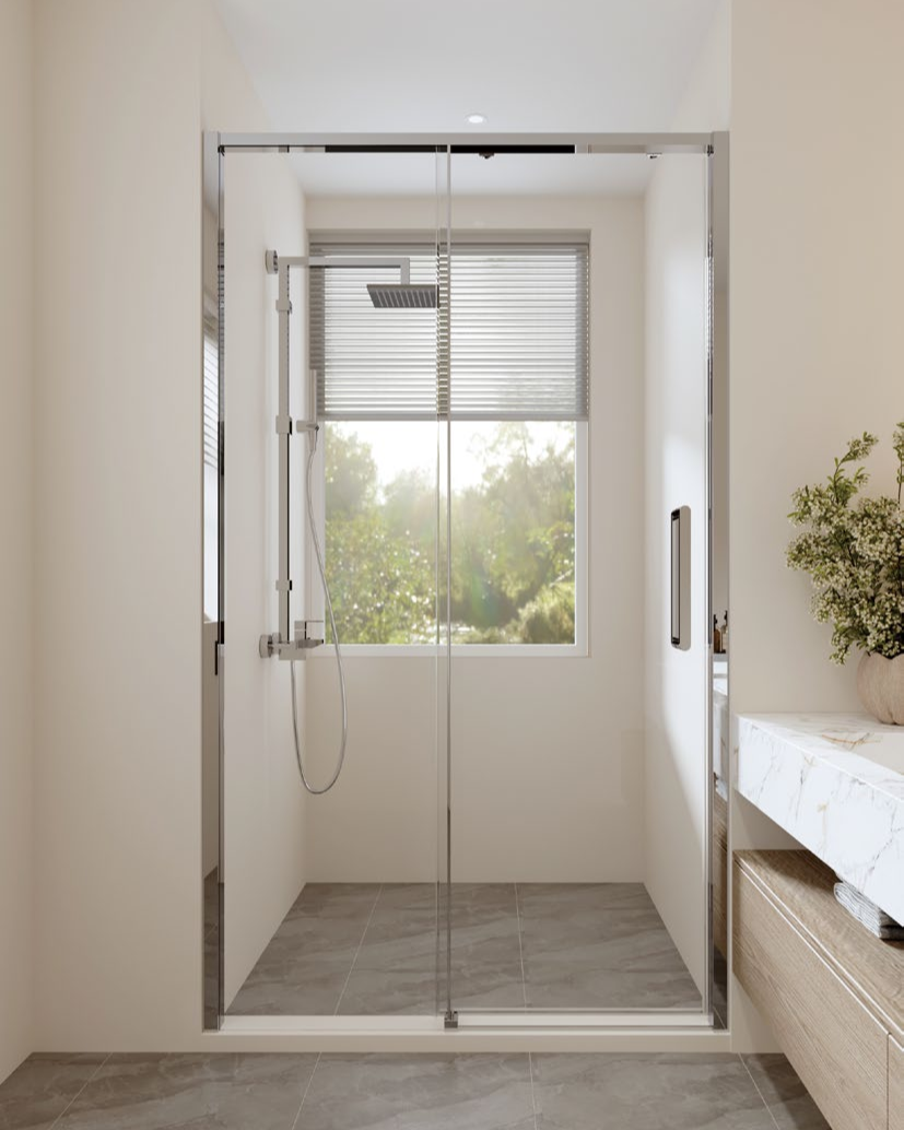 Rosery FN-S721 8mm glass sliding shower door with stainless steel frame and anti-jump roller