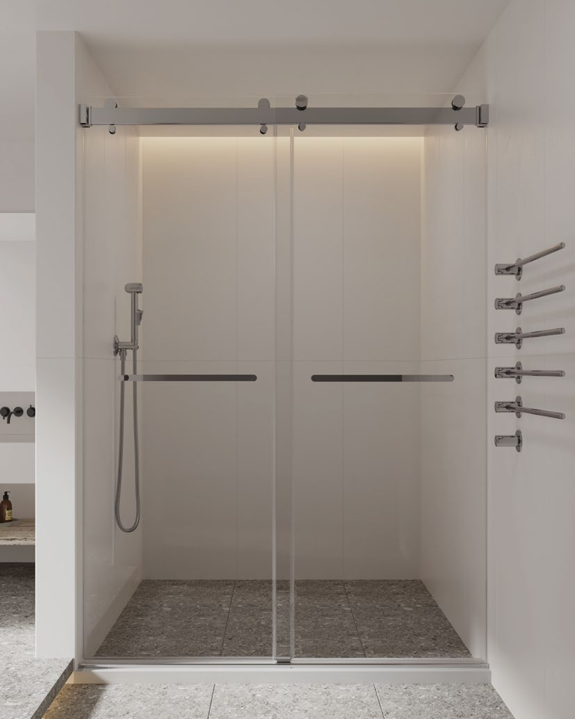 Rosery PP-S722 10mm glass sliding shower door with stainless steel frame and large hanging roller system